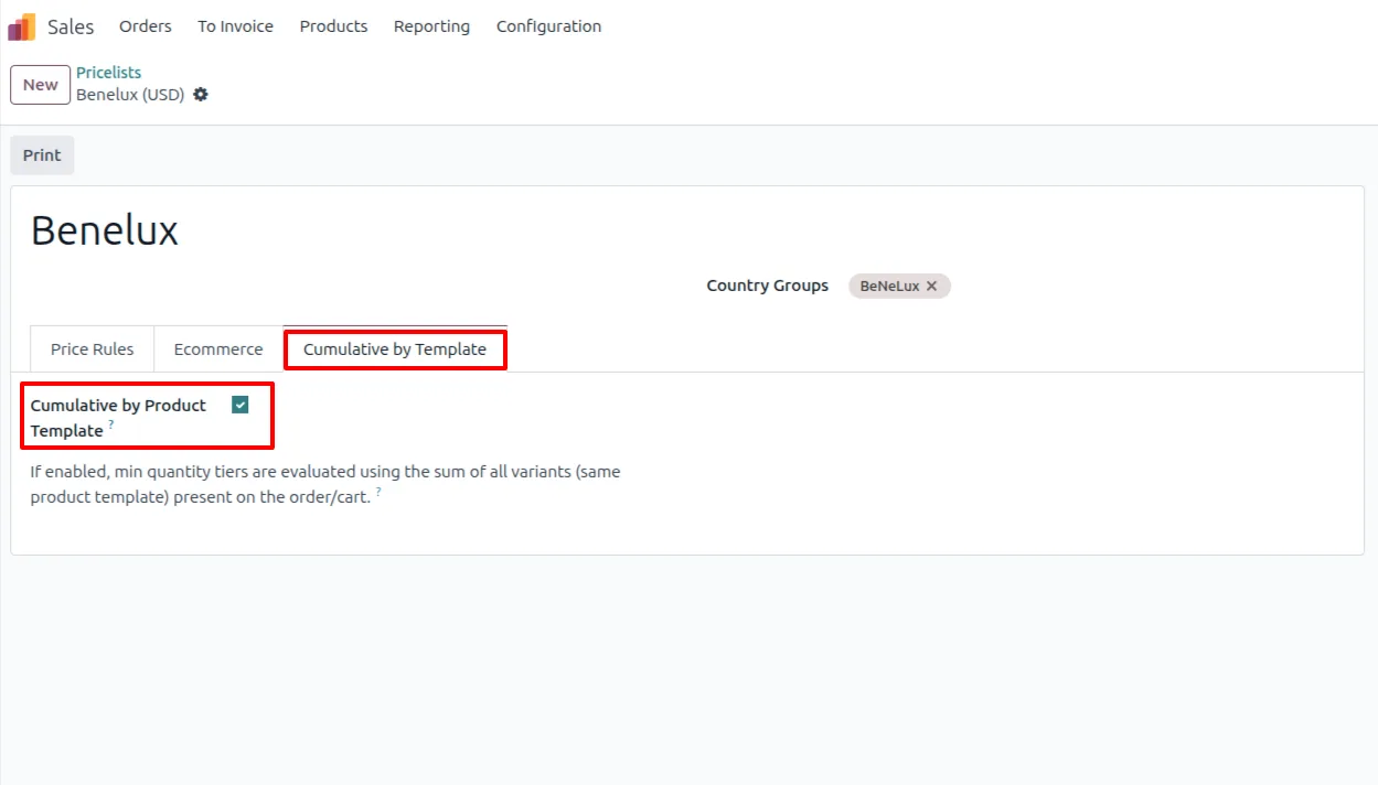 Enabling the Cumulative by Product Template option on an Odoo pricelist
