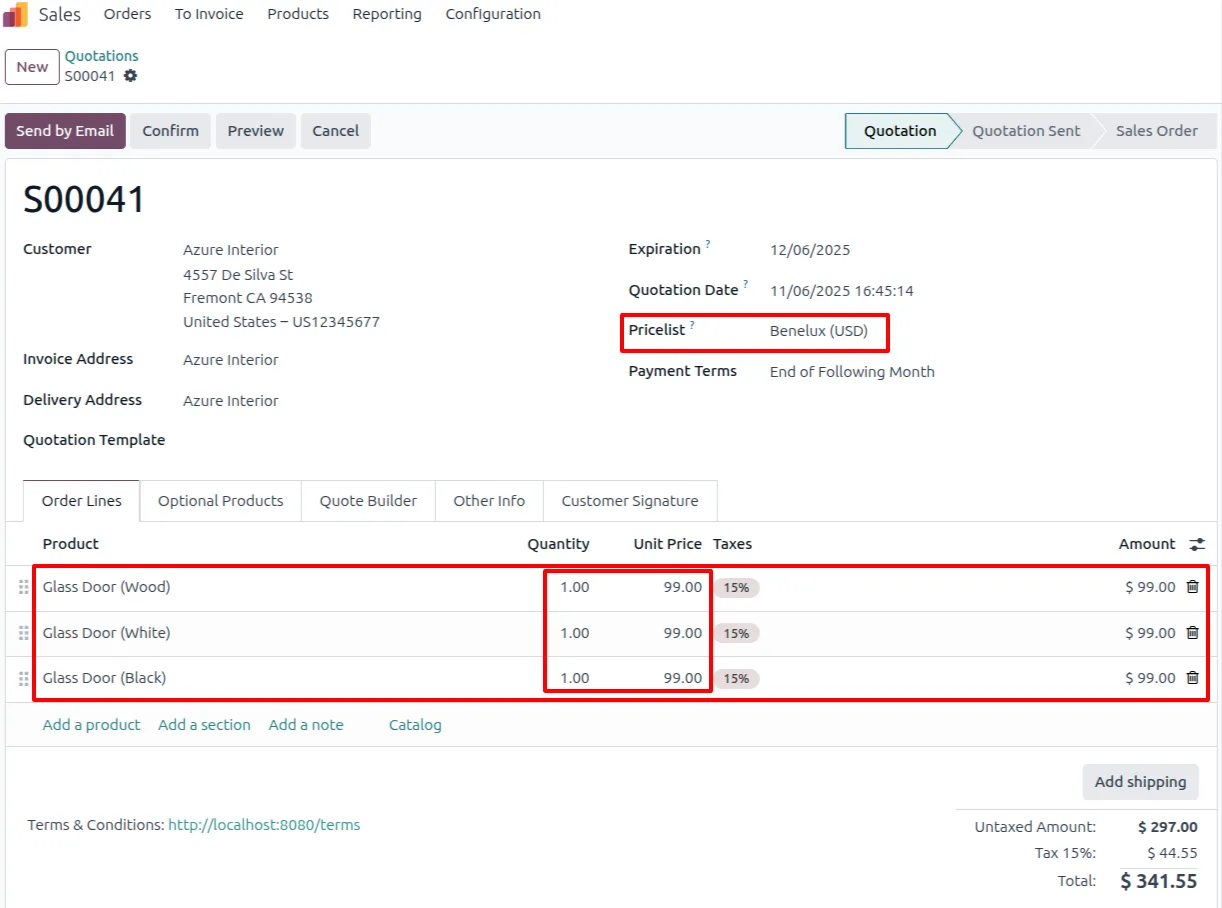 Sales order variant prices before the minimum quantity discount applies in Odoo