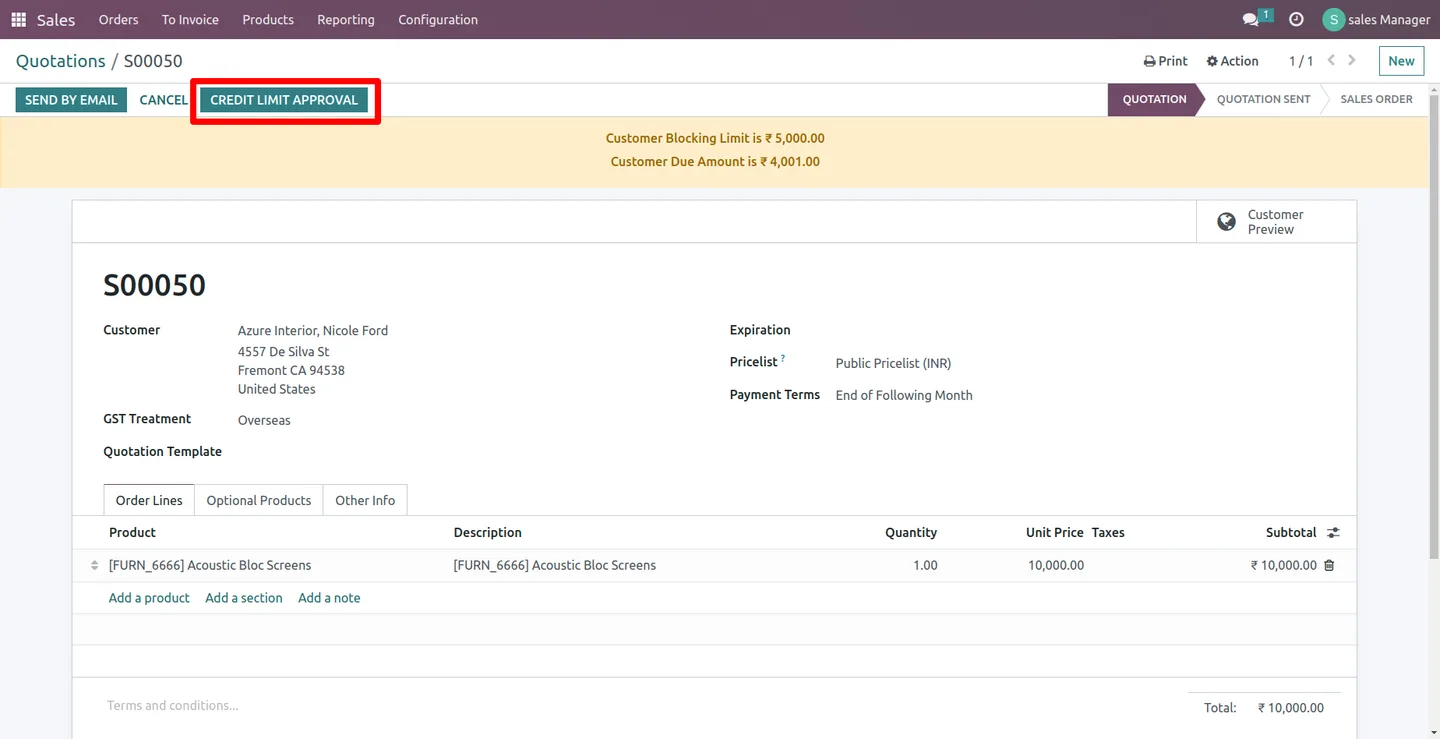 An Odoo sales order blocked because the customer credit limit is exceeded