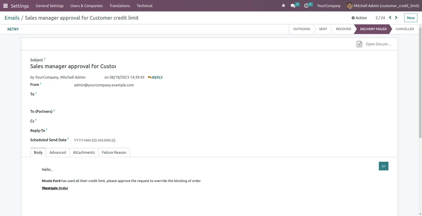 Email notifying the Sales Manager that a credit-limit order needs approval