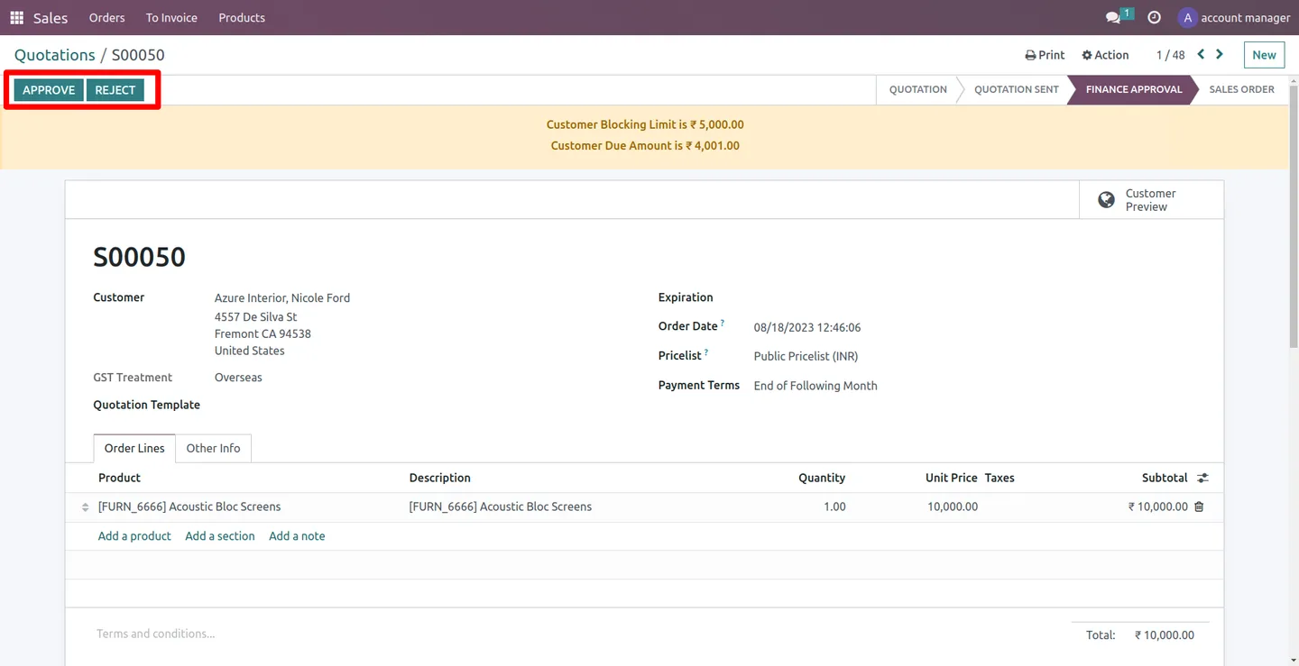 Account Manager approval step in the Odoo credit limit workflow