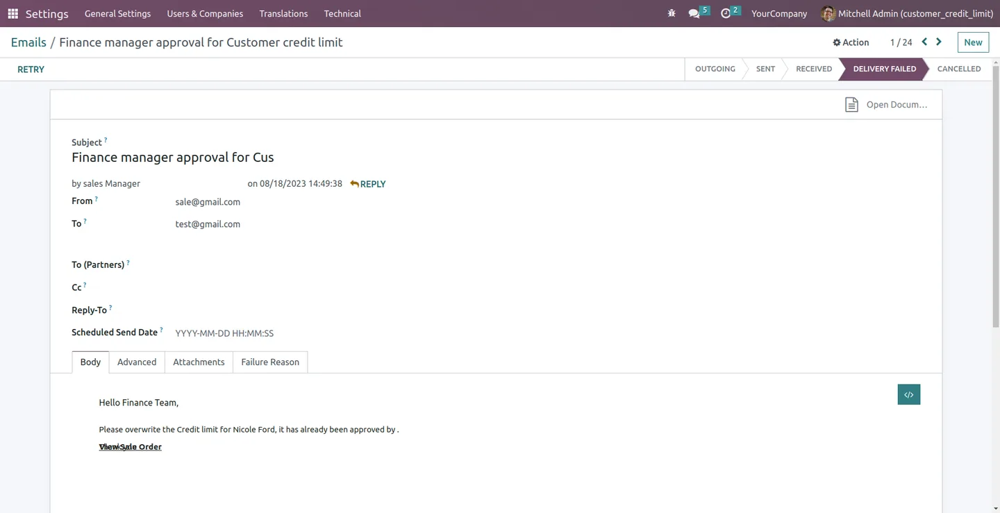 Email notifying the Account Manager of a sales order awaiting credit approval