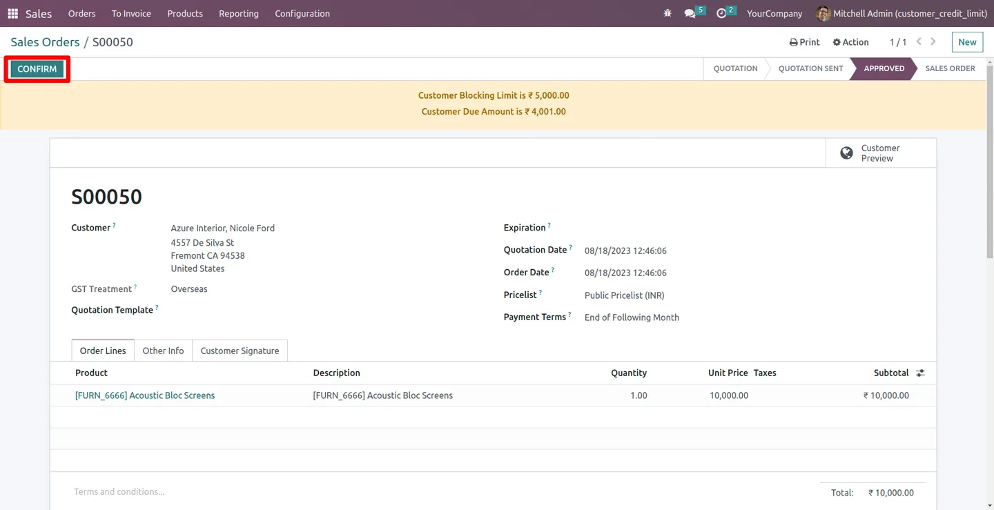 Final administrator approval of an over-limit Odoo sales order