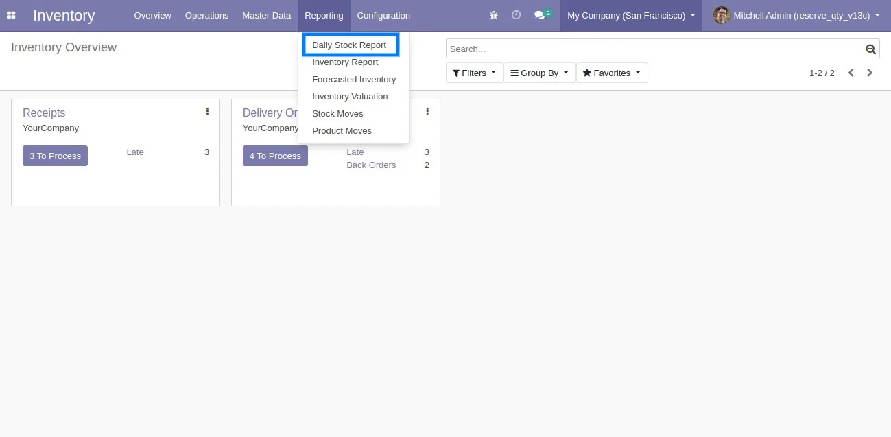 Download Daily Inventory Report wizard inside Odoo Inventory