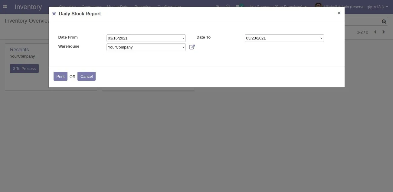 Daily Inventory Report output showing stock by warehouse in Odoo