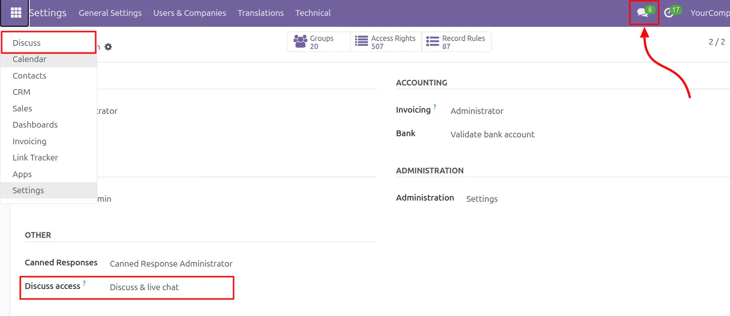 Odoo interface with Discuss access granted, showing the app and chat icon