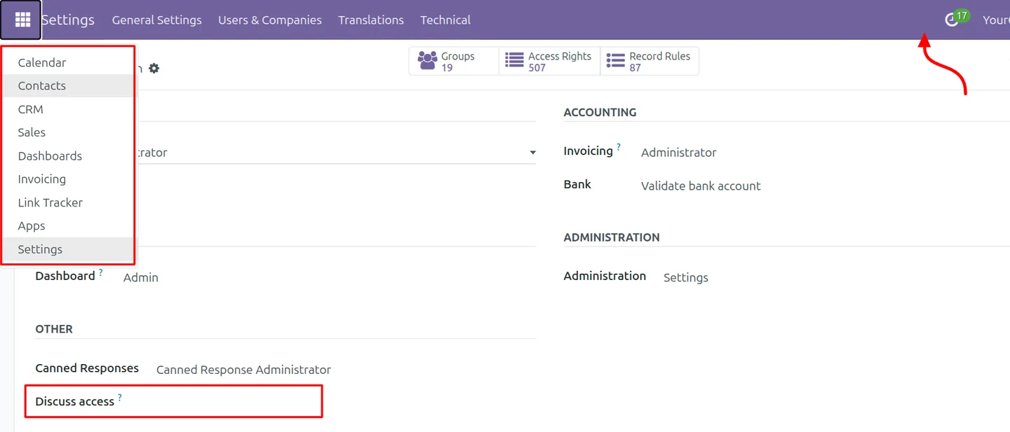 Odoo interface with Discuss access removed, app and chat icon hidden