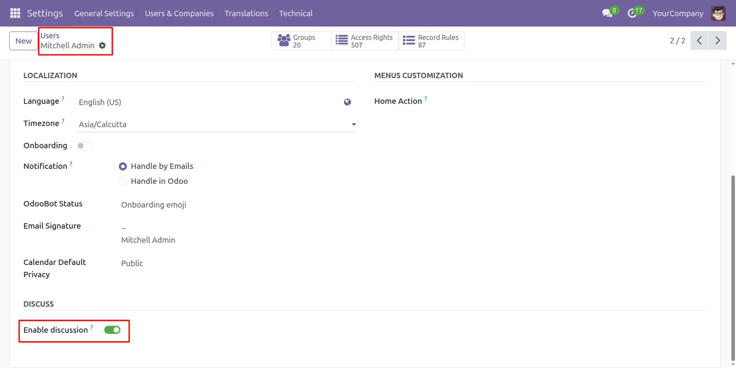 The Discuss Access checkbox on an Odoo user form