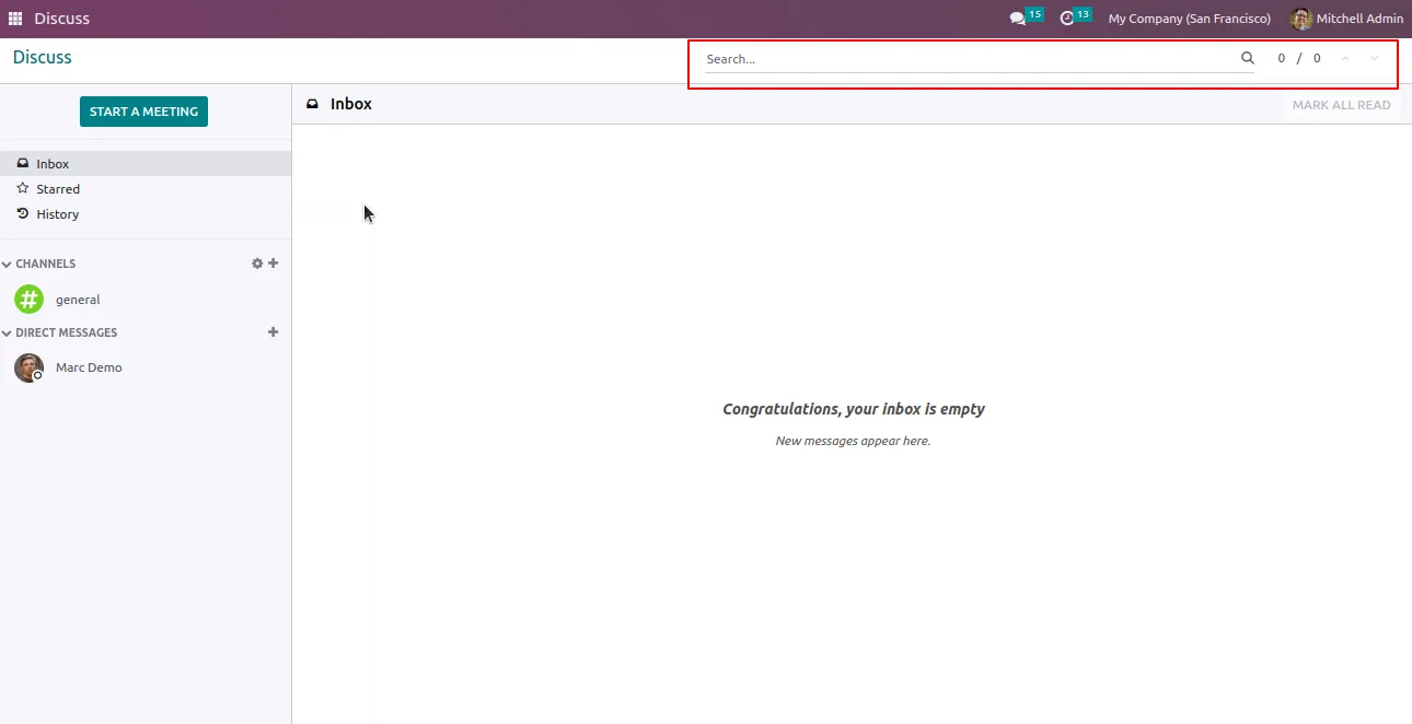 Discuss Search bar inside an Odoo Discuss channel showing a query in progress
