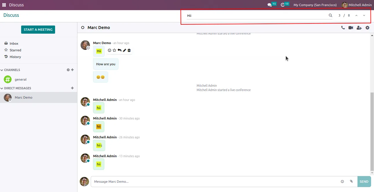 Search results highlighted in an Odoo Discuss conversation with forward and backward navigation