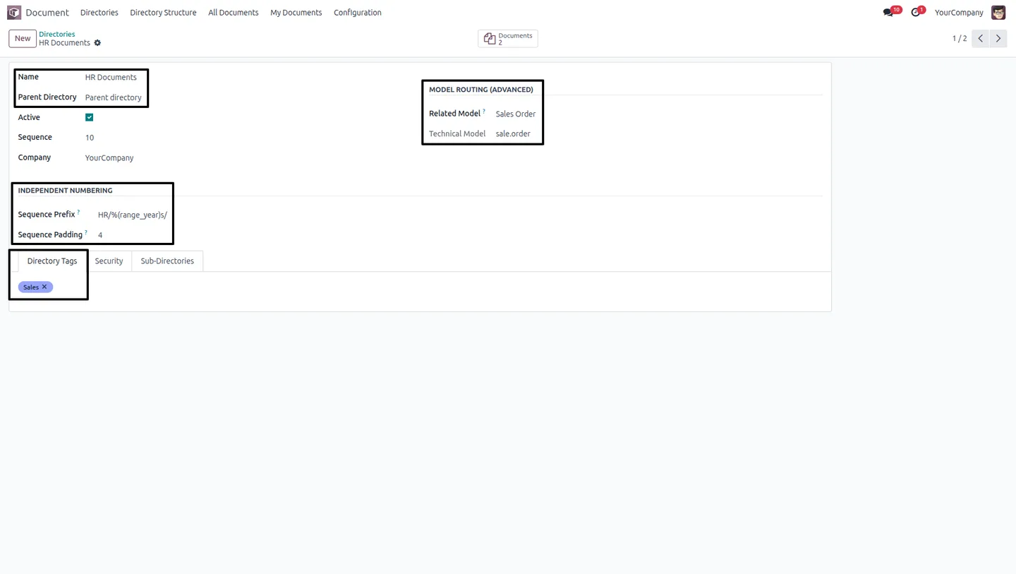 The Security tab assigning user groups to a directory in Odoo
