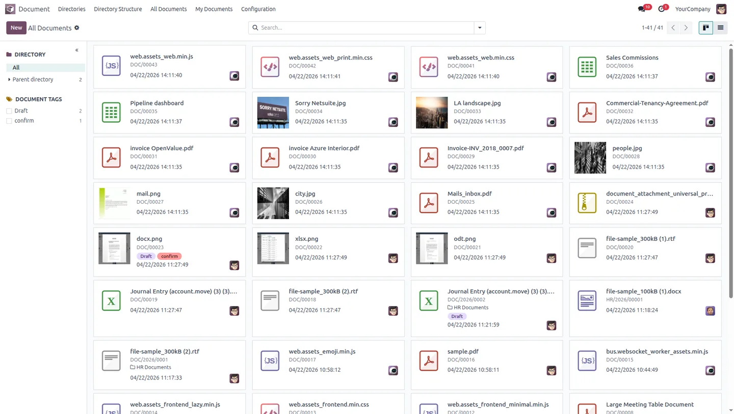 Documents organized and tagged within an Odoo directory