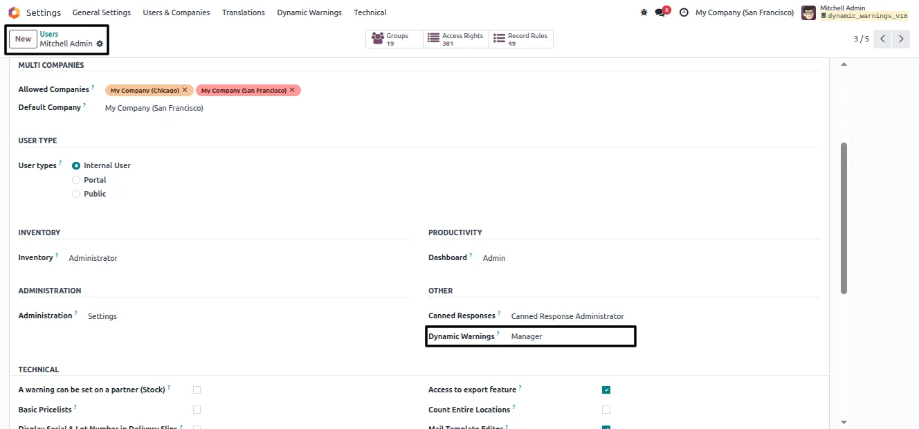 The Warning Rules list in the Advanced Form Warnings module in Odoo