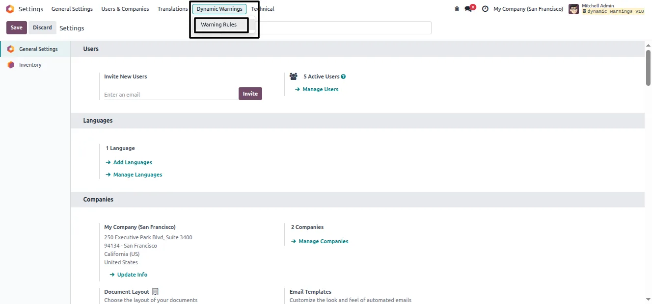 Creating a new dynamic warning rule with a target model in Odoo