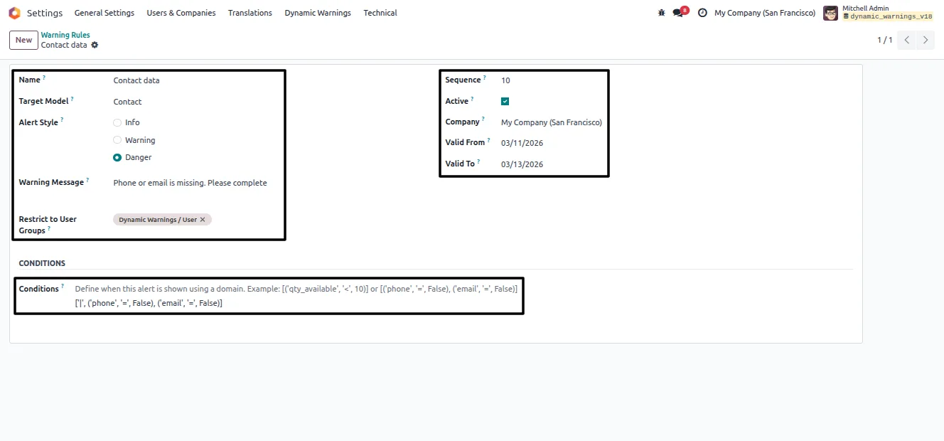 Setting the alert style and warning message on a rule in Odoo