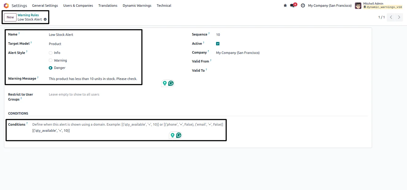 User group and validity date restrictions on a warning rule in Odoo