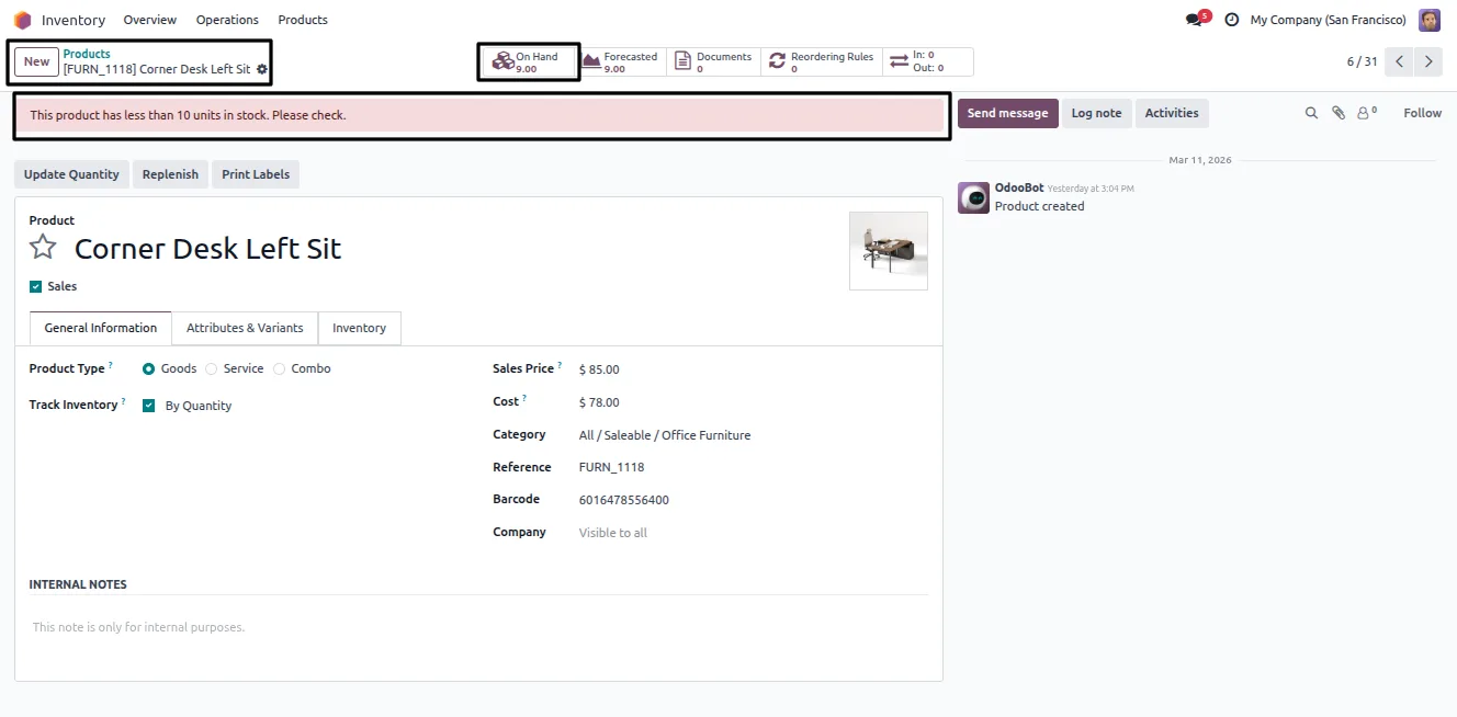 An Info-style conditional alert shown on an Odoo form view