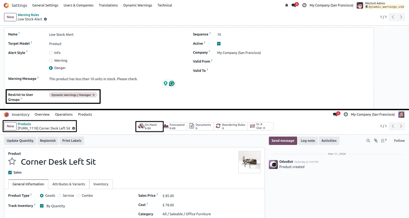 A Warning-style alert displayed on an Odoo record form