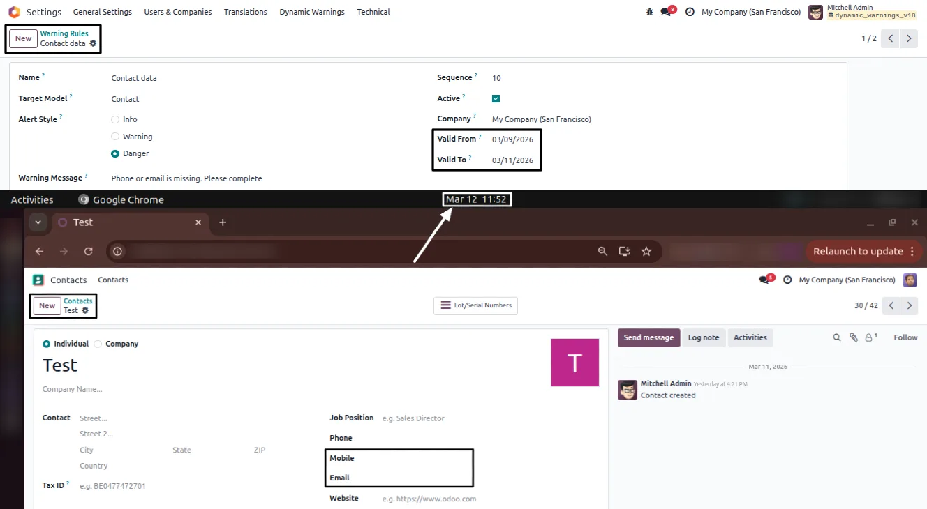 A Danger-style conditional warning shown on an Odoo form view