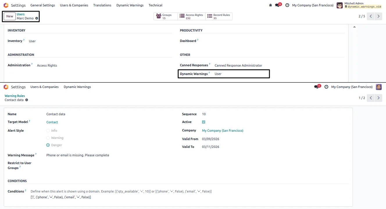 A rule-based form warning appearing on a matching Odoo record