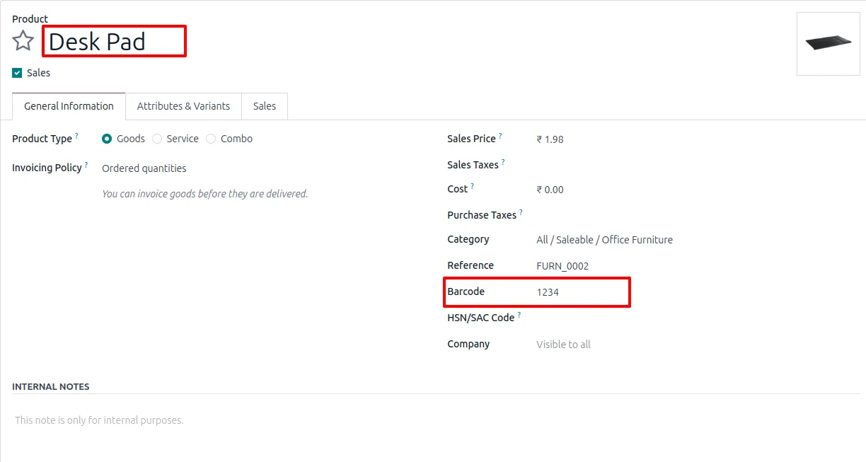 Odoo product record showing the barcode number used by Ecommerce Barcode Search