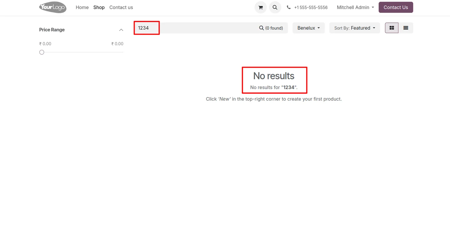 Website no-results page when an unknown barcode is searched on the Odoo storefront