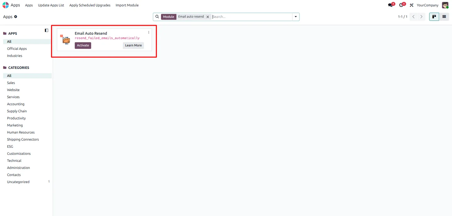 Odoo outgoing emails list showing messages in the failed state