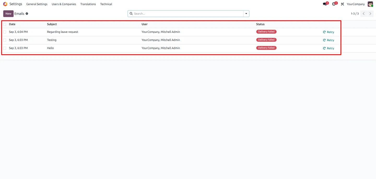 Scheduled action in Odoo retrying a failed outbound email automatically