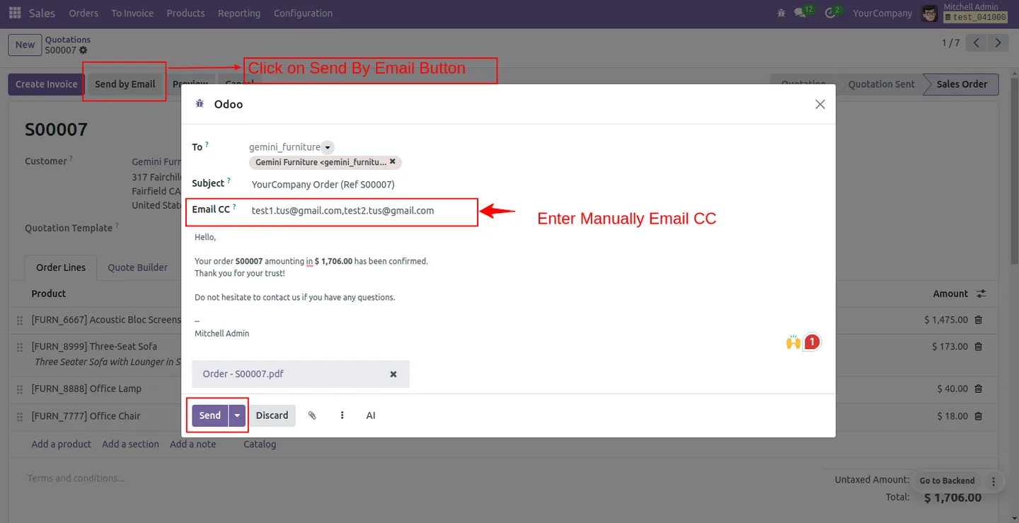 Sale order mail composer in Odoo with the new Email CC field visible