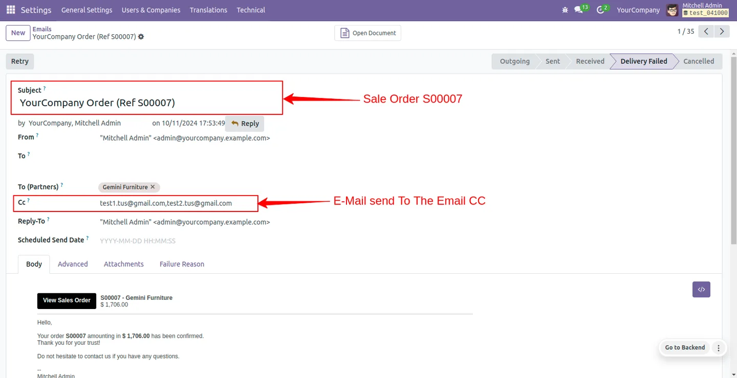 Sale order email thread showing CC recipients after sending