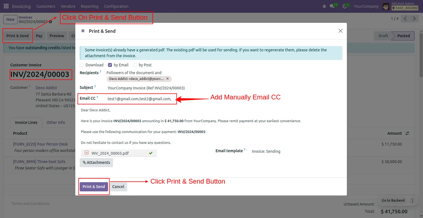 Invoice send-email wizard with the Email CC field populated in Odoo