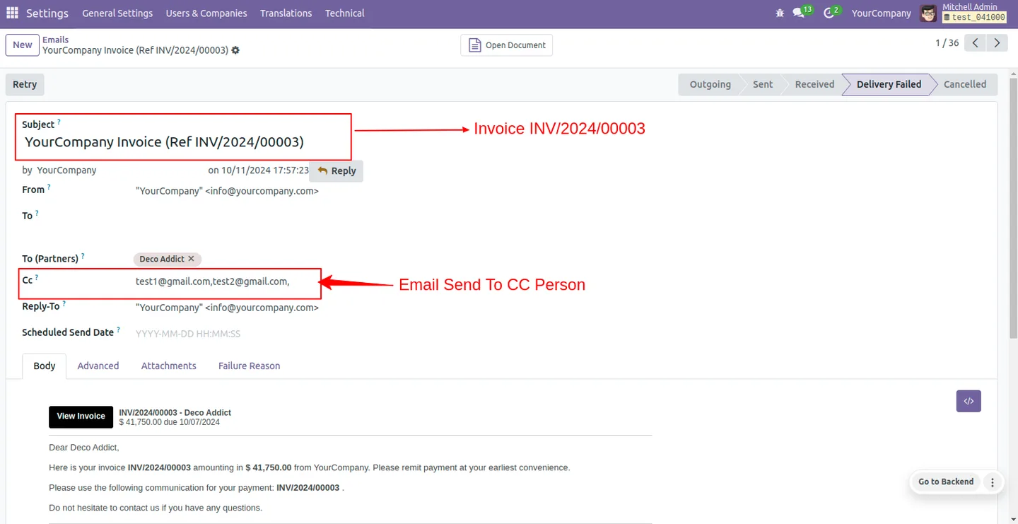 Invoice email thread showing CC recipients on the sent message in Odoo