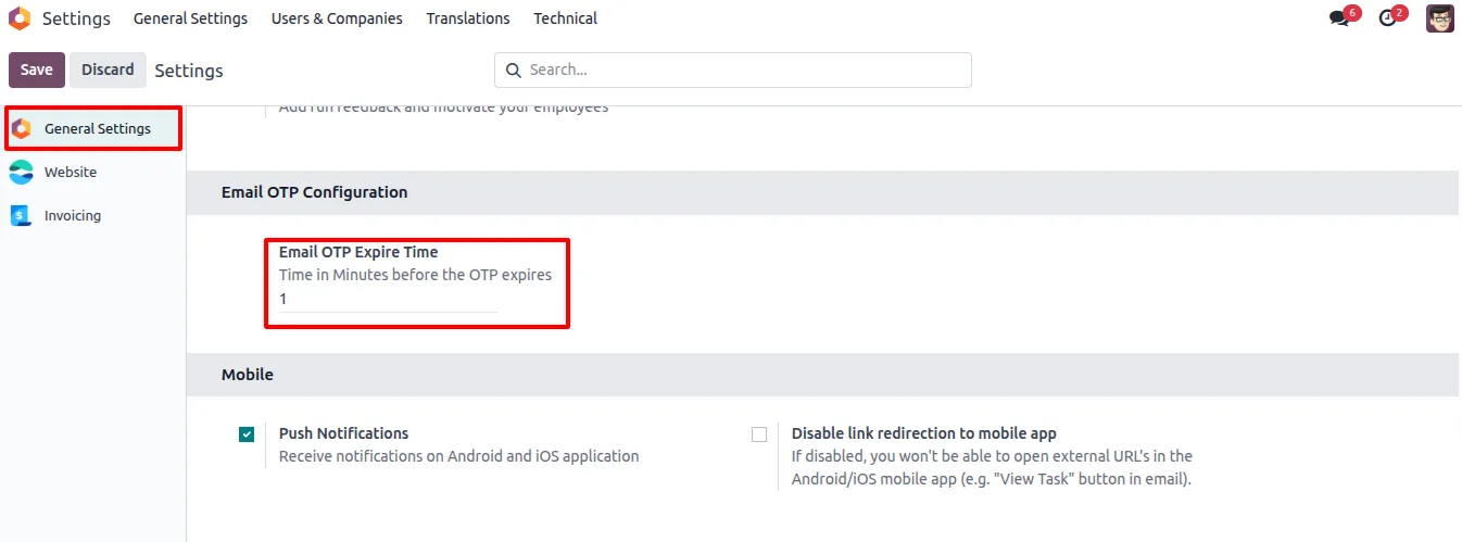 Setting the OTP expiry time in Odoo General Settings