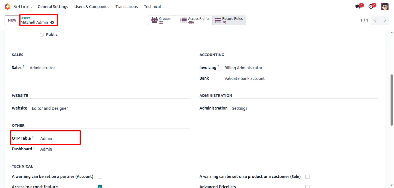 Assigning access rights to the OTP Verification menu in Odoo