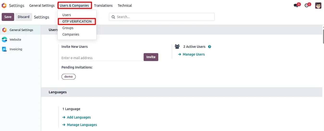 The OTP Verification menu under Users & Companies in Odoo