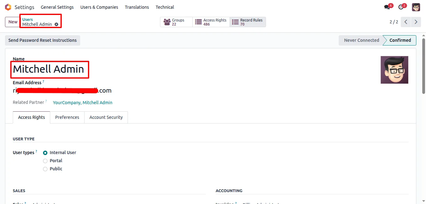 Configuring a user's email address for OTP delivery in Odoo