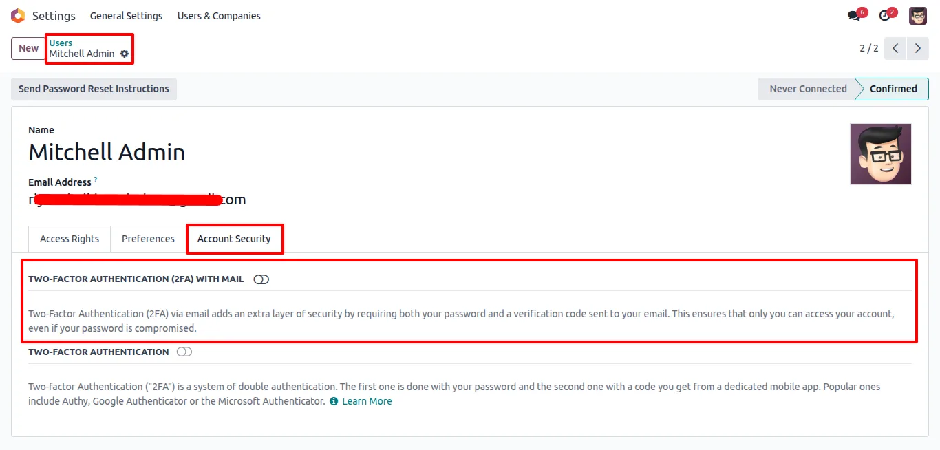 Enabling email-based two-factor authentication on an Odoo account
