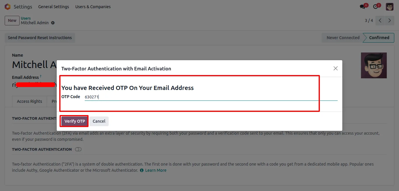 Entering the two-factor authentication code during Odoo login