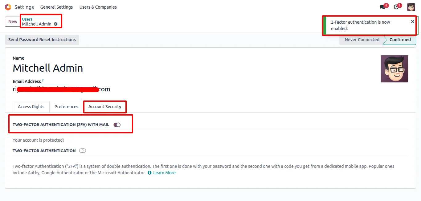 Successful two-factor authentication confirmation in Odoo