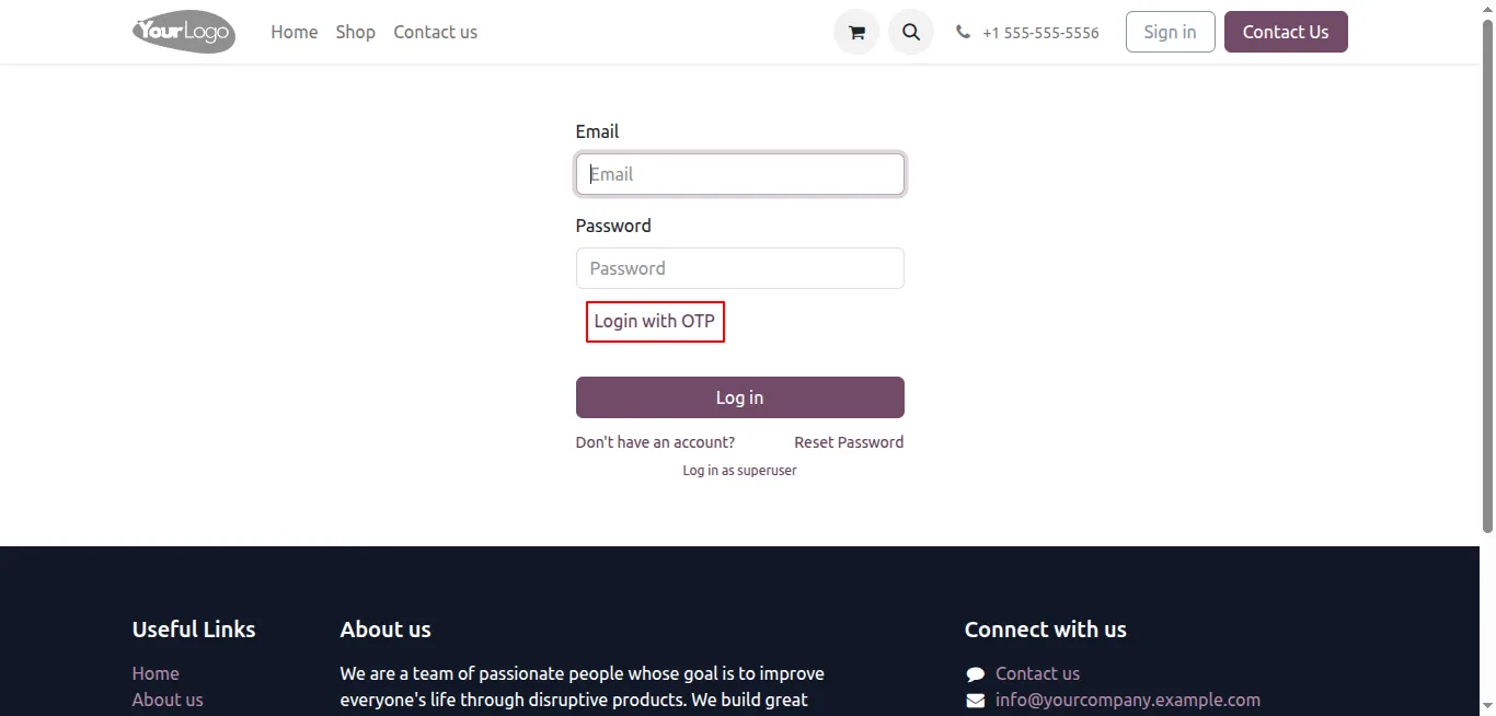 The Odoo login screen offering the login-with-OTP option