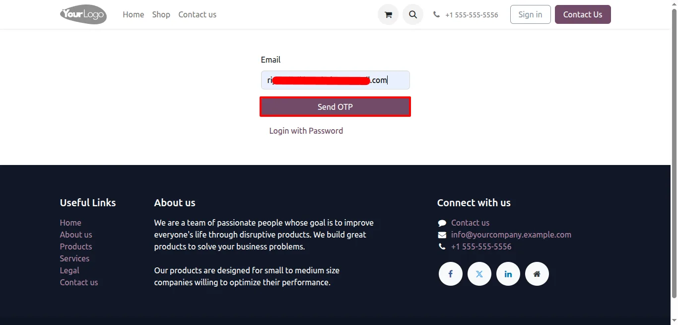 Requesting a one-time password on the Odoo login page