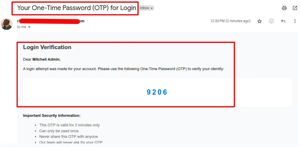 The login OTP email received by the user