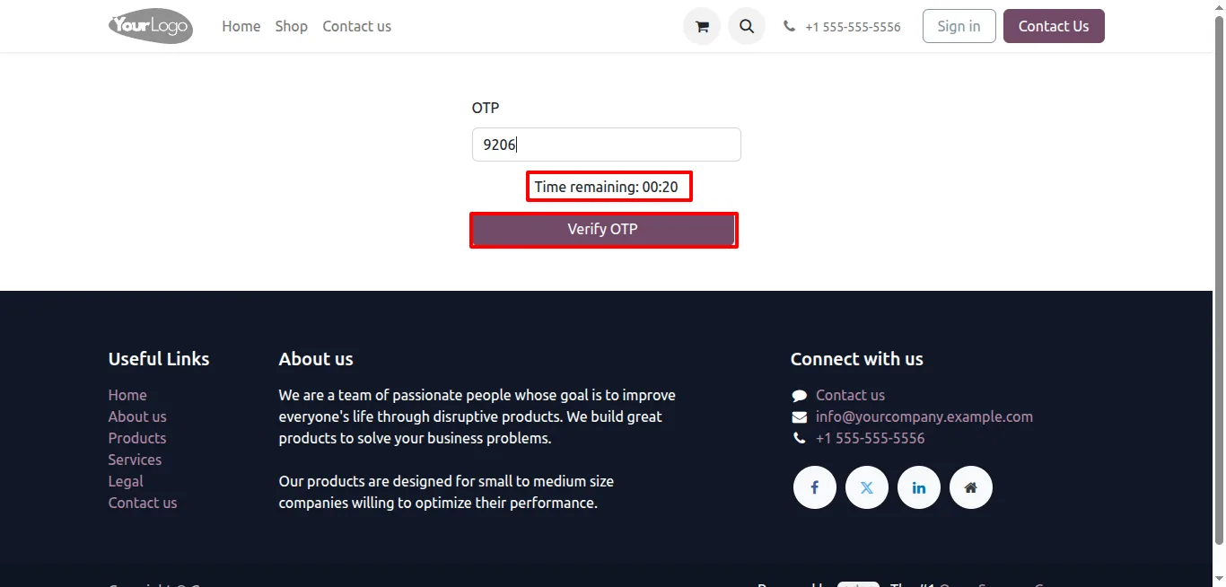 Verifying the emailed one-time password to complete Odoo login