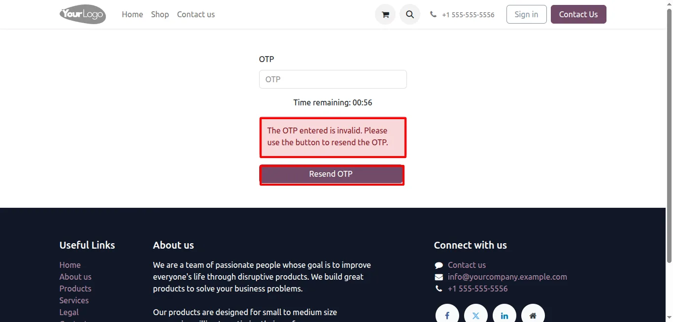 An incorrect OTP rejected on the Odoo login screen