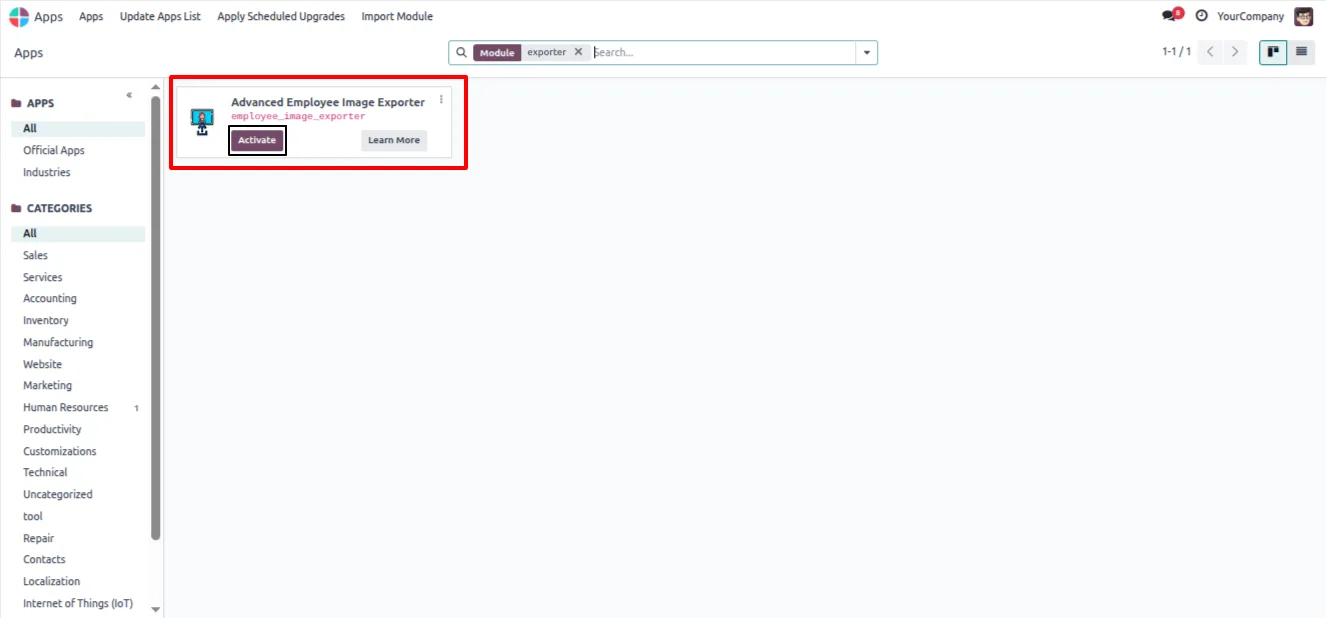 Employee Image Exporter module page in the Odoo Apps store