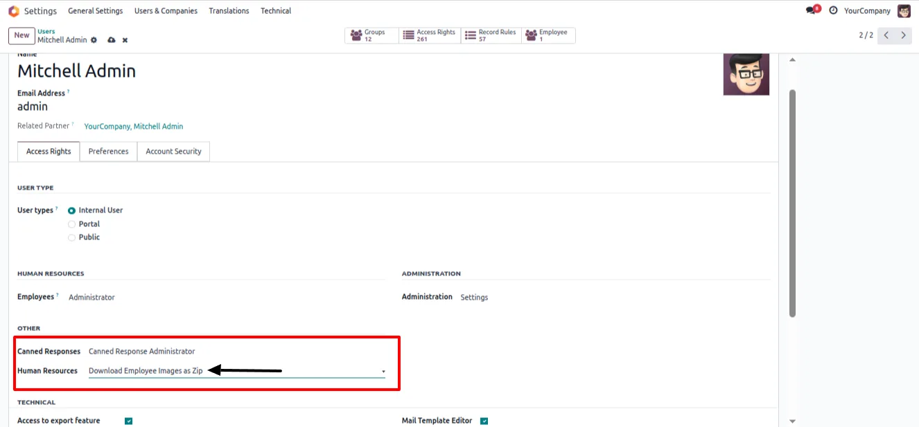 Human Resources access rights for the employee image export feature