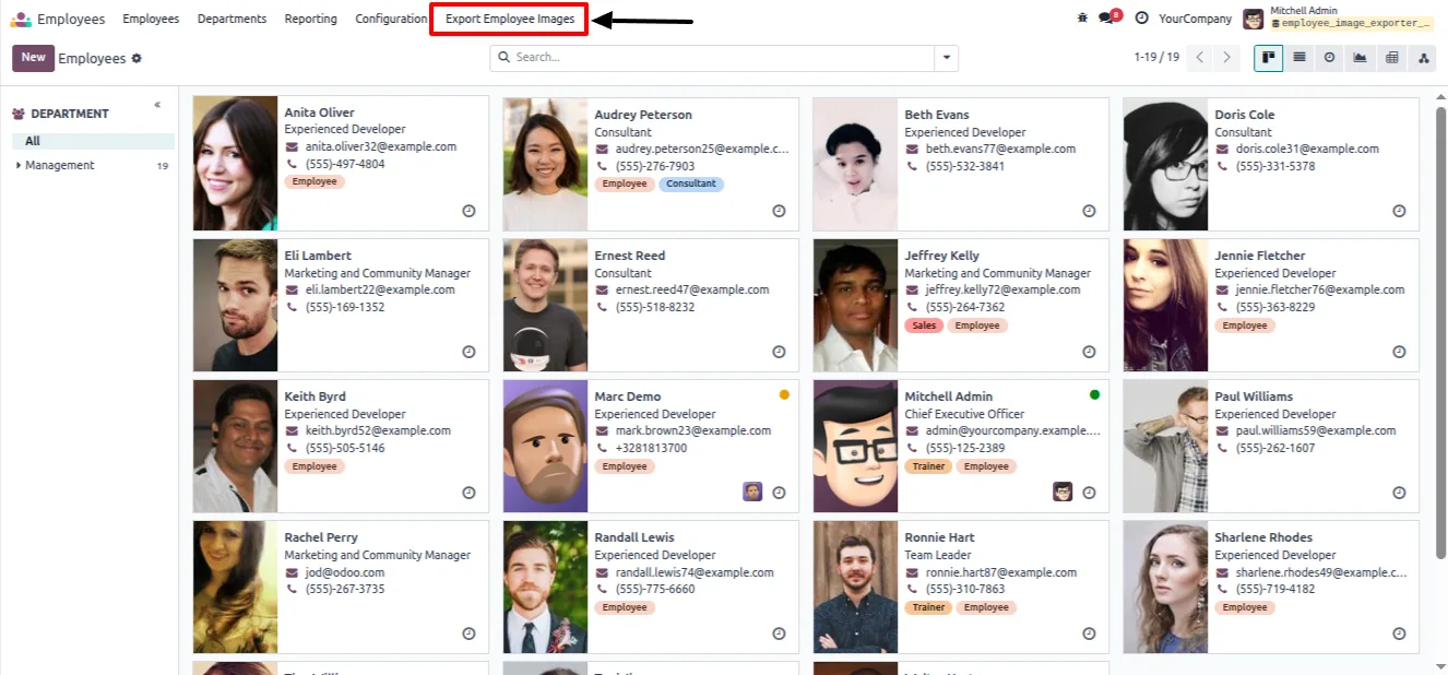 Selecting employees in the Odoo Employees list view for export