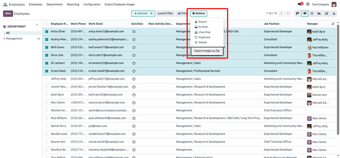 The Export Images as ZIP option in the Odoo Actions menu