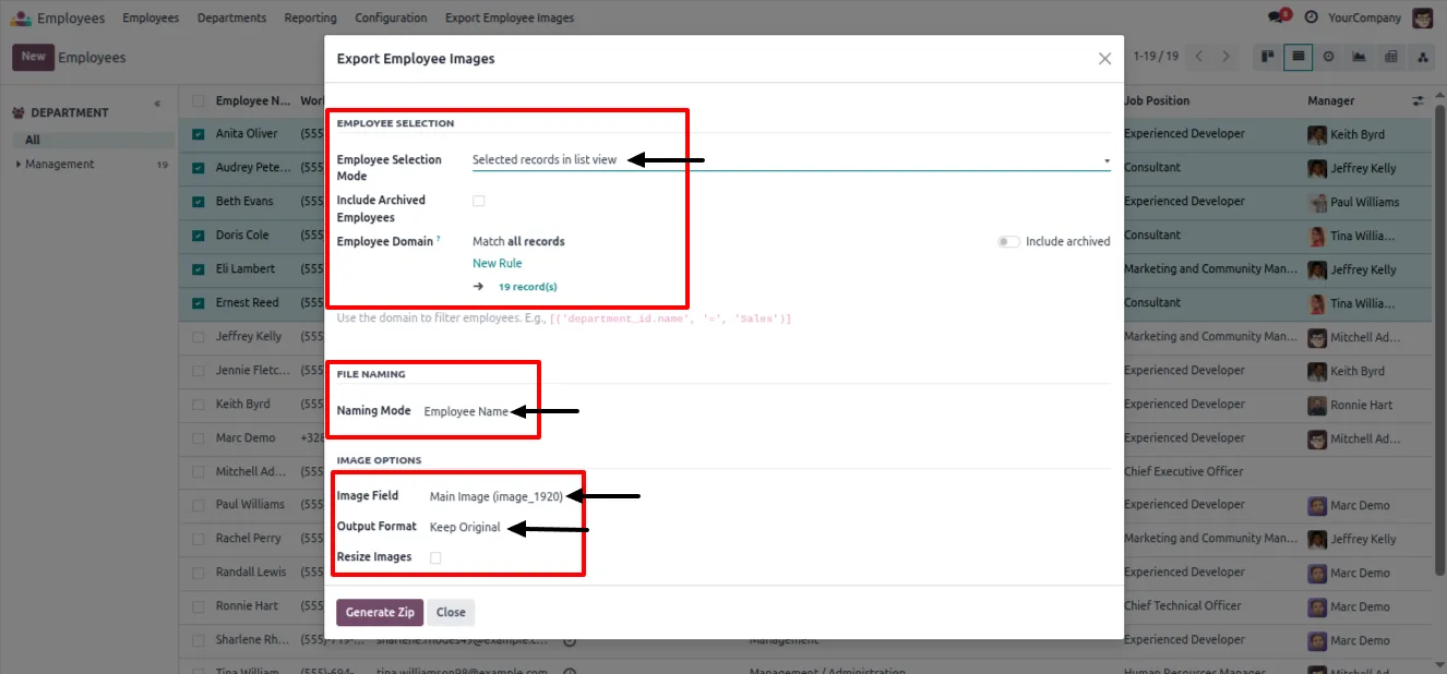 The employee image export wizard with naming and format options