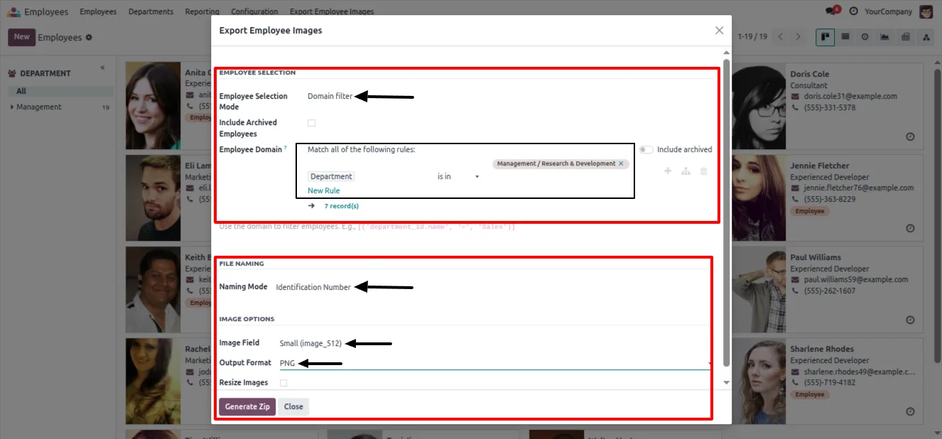 Choosing JPEG or PNG output format for the employee image export